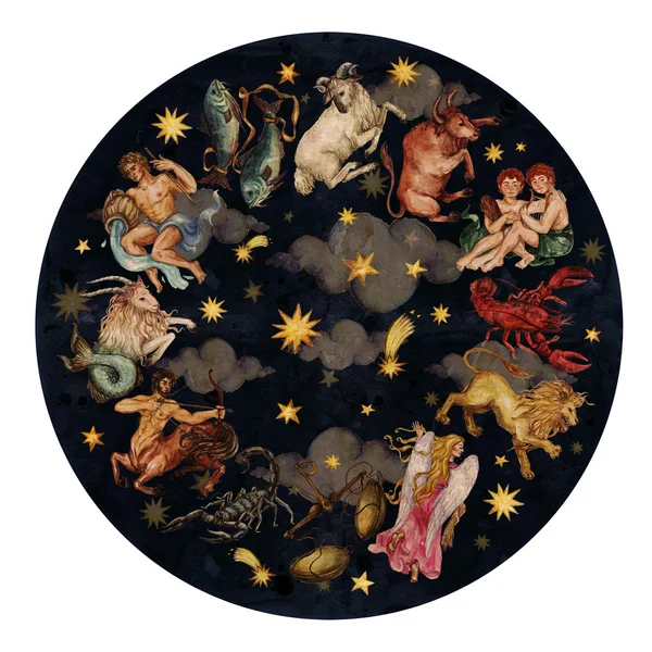 Cerchio di zodiaco - serie completa di 12 segni. Illustrazione acquerello . — Foto Stock