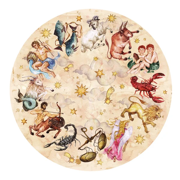 El círculo del zodíaco - el juego completo de 12 signos. Ilustración de acuarela . —  Fotos de Stock
