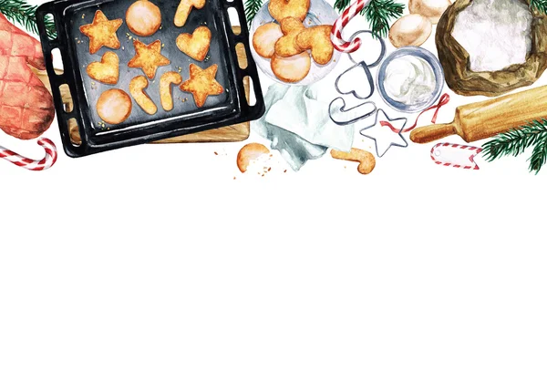 Pieczenia ciasteczka świąteczne. Akwarela ilustracja z pustego miejsca na tekst. — Zdjęcie stockowe