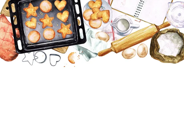 Baking Cookies. Watercolor Illustration with blank space for text. — Φωτογραφία Αρχείου