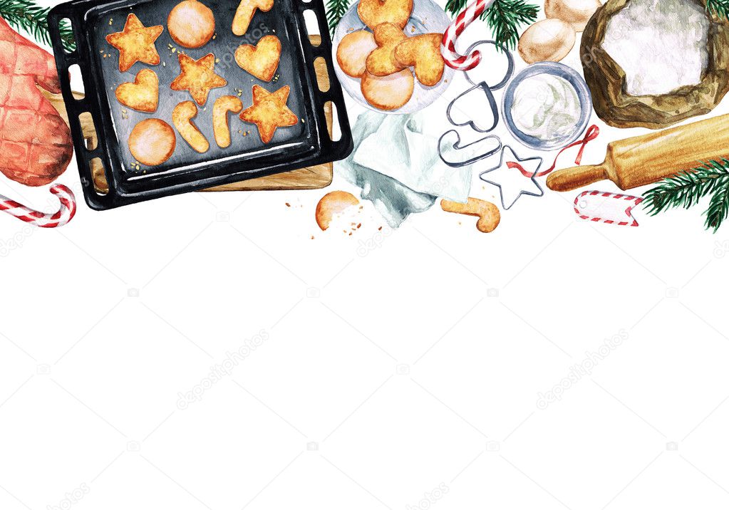 Baking Christmas Cookies. Watercolor Illustration with blank space for text.