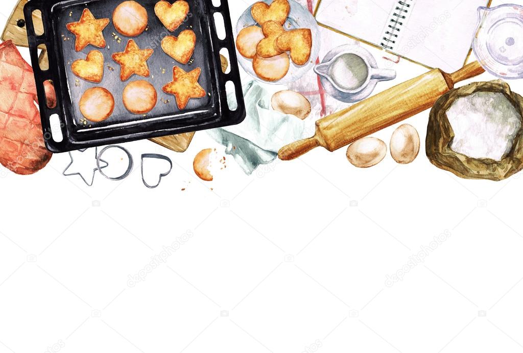 Baking Cookies. Watercolor Illustration with blank space for text.