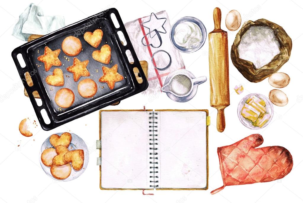 Baking Cookies. Watercolor Illustration with blank space for text.