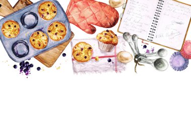  Blueberry Muffins pişirme. Metin için boş alan ile suluboya resim. 