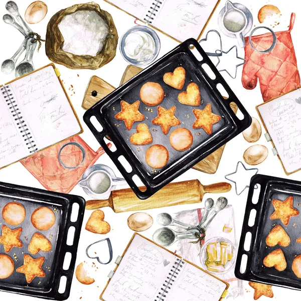 Baking Cookies. Watercolor seamless pattern. — Stock Photo, Image