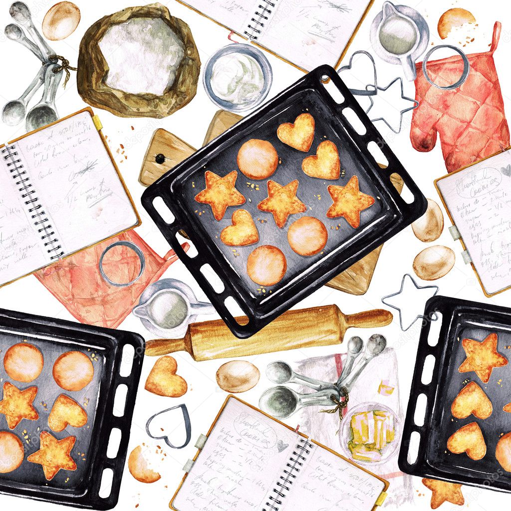  Baking Cookies. Watercolor seamless pattern. 