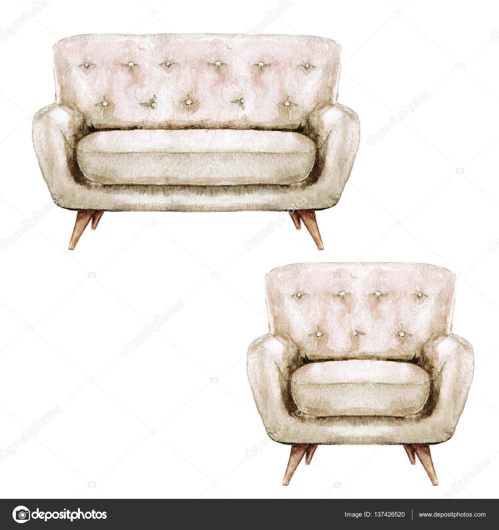 Beige Sofa and Armchair Watercolor Illustration. — Stock Photo
