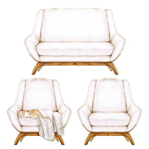 Beige Sofa and Armchairs with and without throw blanket - Watercolor Illustration.