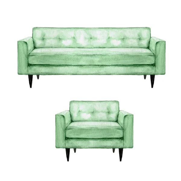 Πράσινο καναπέ και πολυθρόνα - ακουαρέλα εικονογράφηση. — Φωτογραφία Αρχείου