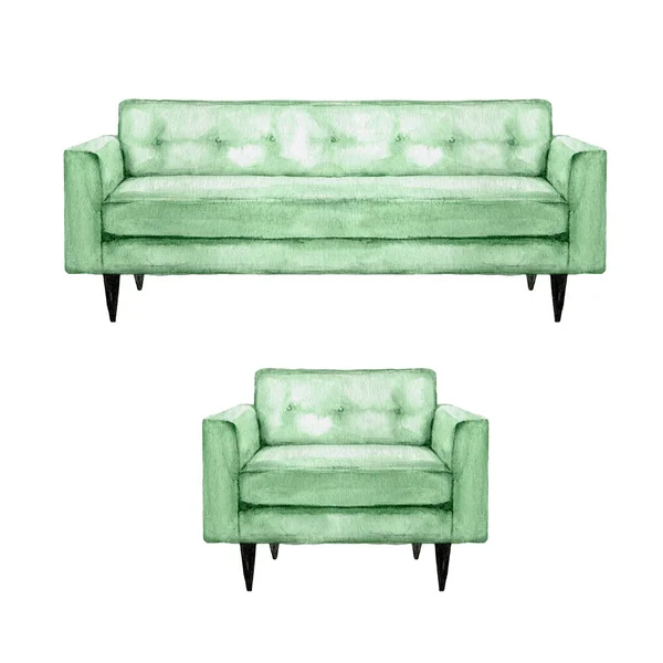 Groene Bank en fauteuil - aquarel illustratie. — Stockfoto