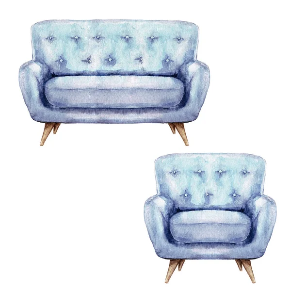 Μπλε καναπέ και πολυθρόνα - ακουαρέλα εικονογράφηση. — Φωτογραφία Αρχείου