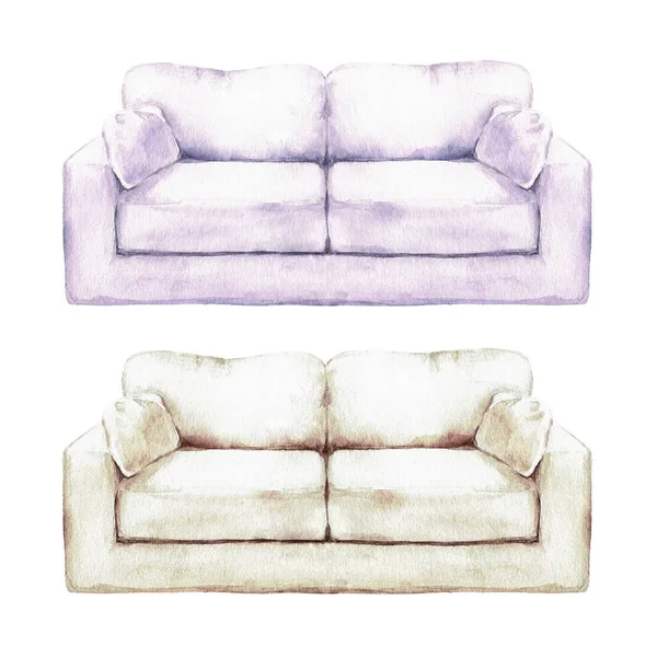 紫とベージュのソファー - 水彩イラスト. — ストック写真