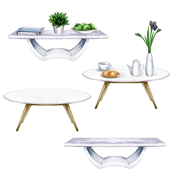 White Living Room Tables with and without additional decor - Watercolor Illustration. — Stock Photo, Image