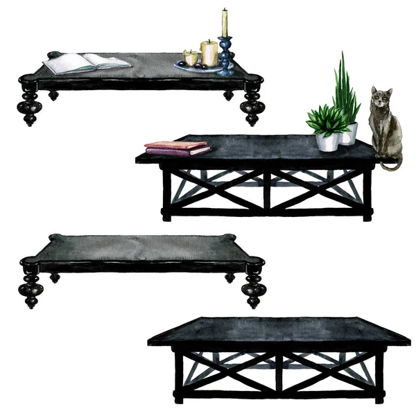 Zwarte woonkamer tabellen met en zonder extra decor - aquarel illustratie. — Stockfoto