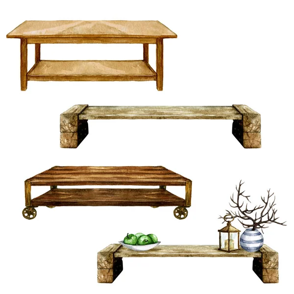 Dřevěné stoly obývací pokoj s a bez další výzdoba - akvarel, ilustrace. — Stock fotografie