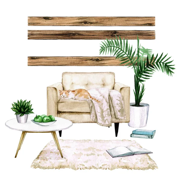 Living Room Interior with Natural Neutral Design - Watercolor Illustration. — Stock Photo, Image