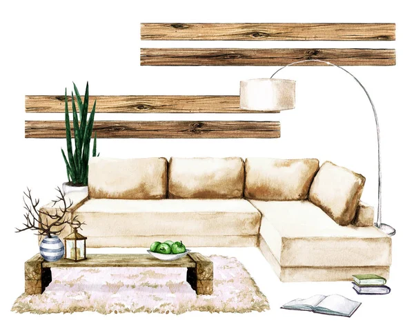 Living Room Interior with Natural Neutral Design - Watercolor Illustration. — Stock Photo, Image