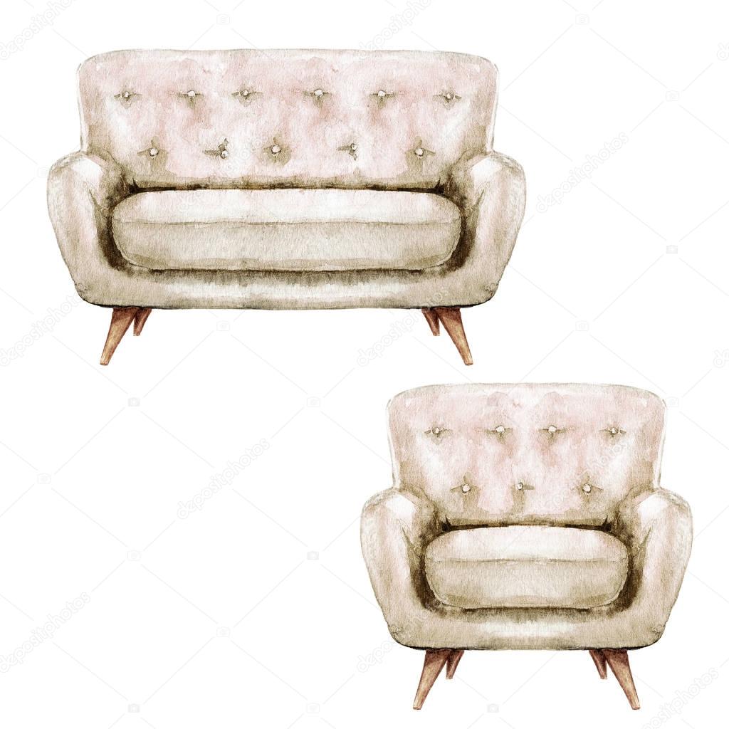 Beige Sofa and Armchair - Watercolor Illustration.