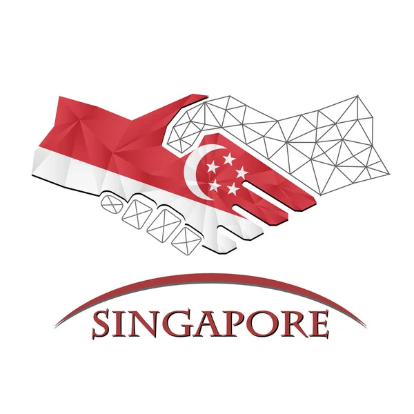 Logotipo del apretón de manos hecho de la bandera de Singapur. — Archivo Imágenes Vectoriales