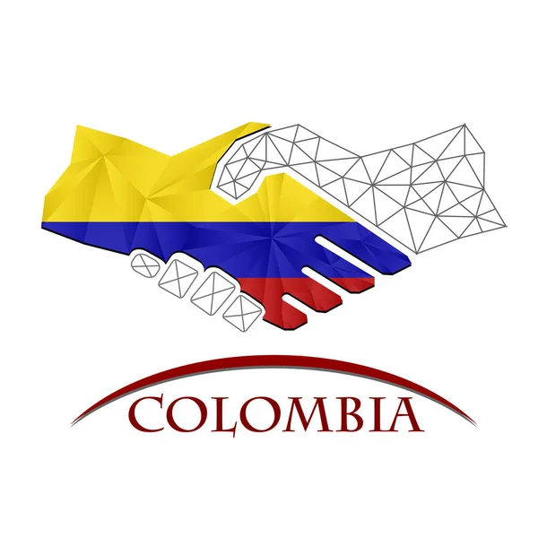 Logotipo de aperto de mão feito da bandeira da Colômbia. — Vetor de Stock
