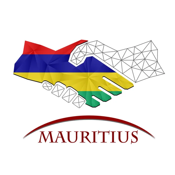 Logo uścisku dłoni wykonane z flagi Mauritiusu. — Wektor stockowy