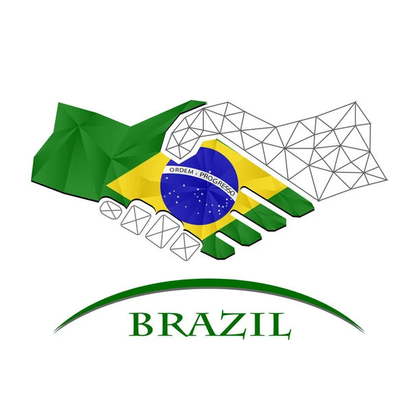 Logotipo de aperto de mão feito a partir da bandeira do Brasil. — Vetor de Stock