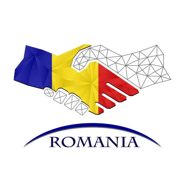 Logo della stretta di mano fatto dalla bandiera di Romania. — Vettoriale Stock