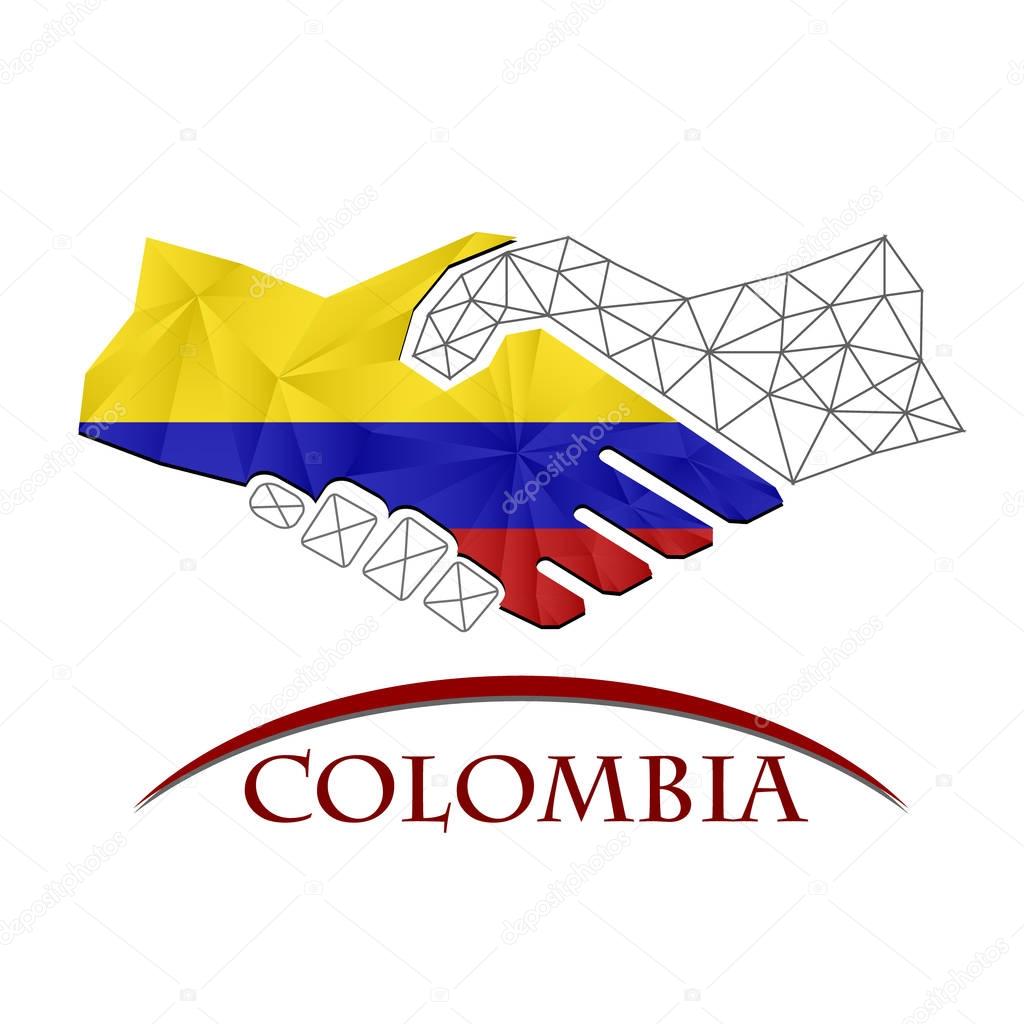 Handshake logo made from the flag of colombia.