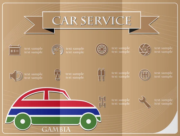 Autoservice, gemaakt van de vlag van Gambia, vectorillustratie — Stockvector