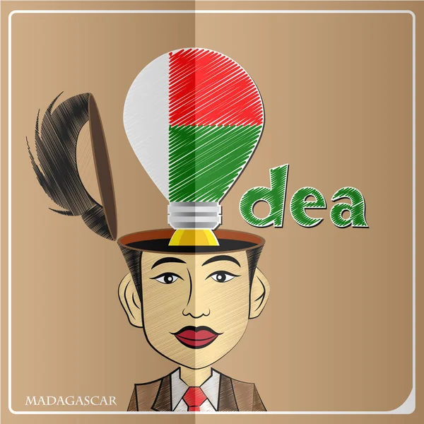 Bombilla de idea, hecha de la bandera de Madagascar en la cabeza humana — Vector de stock