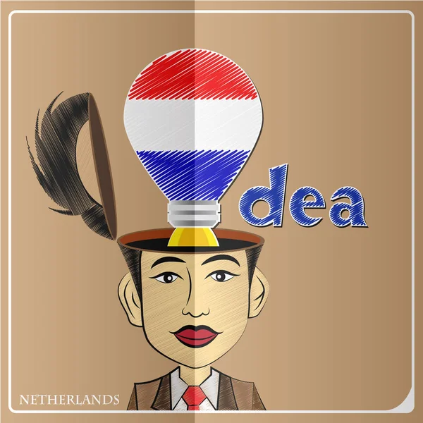 Bulbo Idea, feito a partir da bandeira da Holanda em cabeça humana, vecto — Vetor de Stock