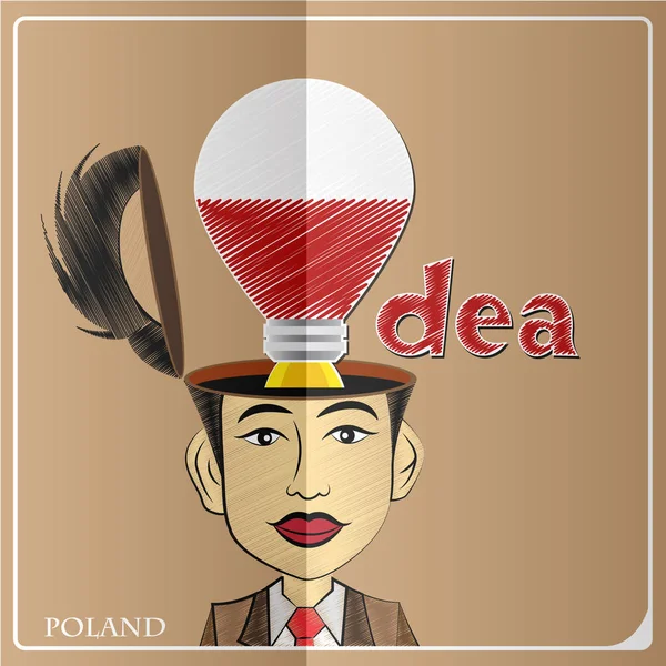 Idea bombilla, hecha de la bandera de Polonia en la cabeza humana, vector il — Vector de stock