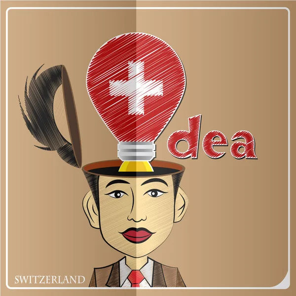 Idea bombilla, hecha de la bandera de Suiza en la cabeza humana, vect — Archivo Imágenes Vectoriales