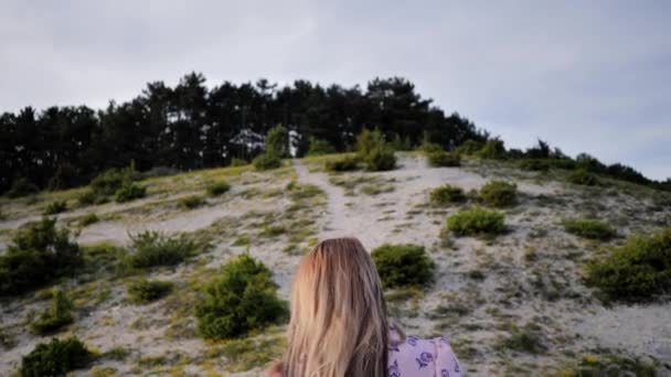 Uma jovem menina em um vestido rosa está subindo a colina . — Vídeo de Stock
