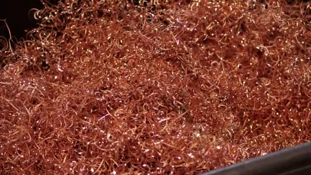 A large pile of copper shavings after the manufacture of copper cookware. — Stock Video