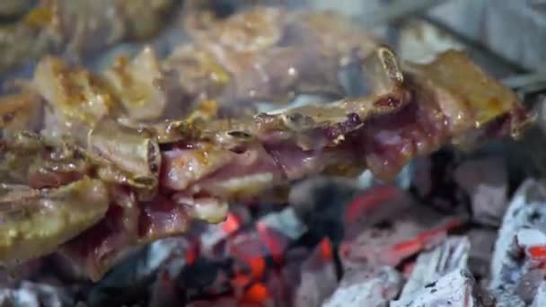 The young man is grilling on the coals the pieces of meat — Stok video