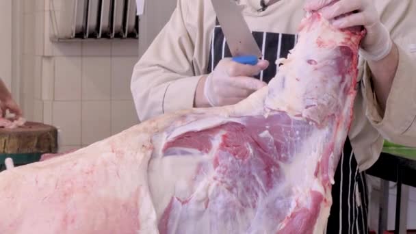 М'ясник порізав овече м'ясо. Пожертвуйте вівцею на Курбані . — стокове відео