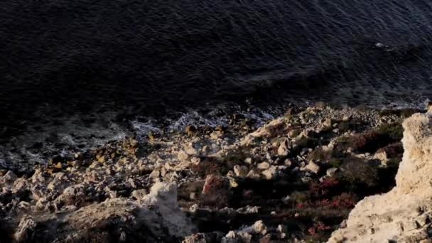 Steep descent from the cliff. The sea is calm and dark — Stock Video