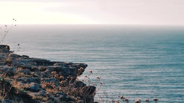 The calm tranquil blue sea. Rocky coast. Summer day on the island. sunset — Stock Video