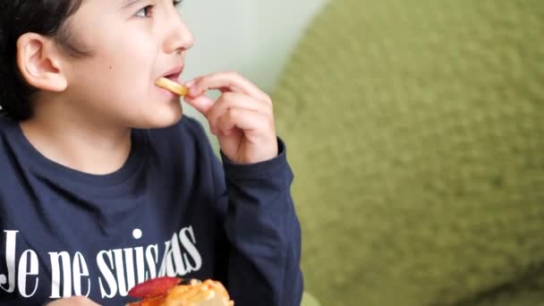 Il ragazzo con i capelli scuri sta mangiando una pizza con salame piccante e patatine. accigliati — Video Stock