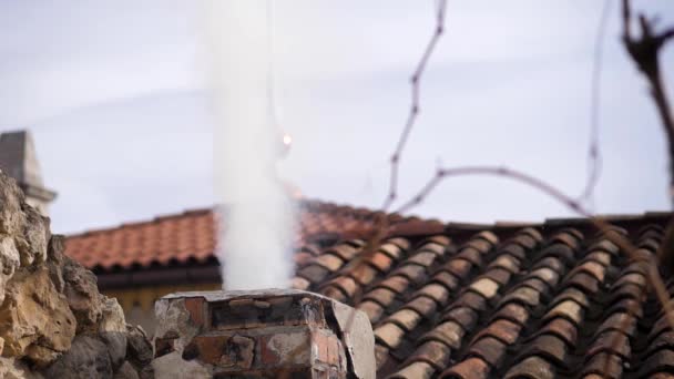 Ein Schindeldach über einer mittelalterlichen Feuerstelle, aus dem Schornstein qualmt es — Stockvideo