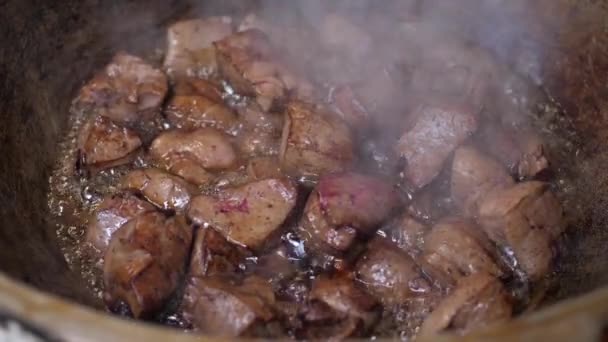 Pieces of meat (liver) are fried in oil in an iron pot over an open fire — Stock Video