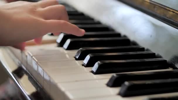 Flickan spelar piano. Händerna på nära håll. pianonyckel — Stockvideo