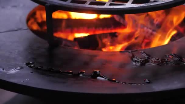 Câmara lenta. O fogo está a arder na grelha de carvão. homem limpa a superfície da grelha — Vídeo de Stock