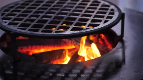 Zpomalit. Oheň hoří na grilu.Ofyr dřevěné uhlí gril. close-up — Stock video