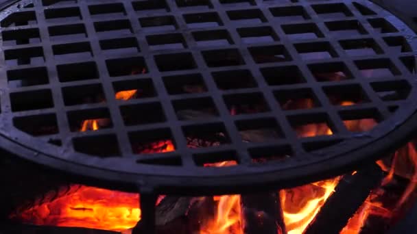 Zpomalit. Oheň hoří na grilu.Ofyr dřevěné uhlí gril. close-up — Stock video