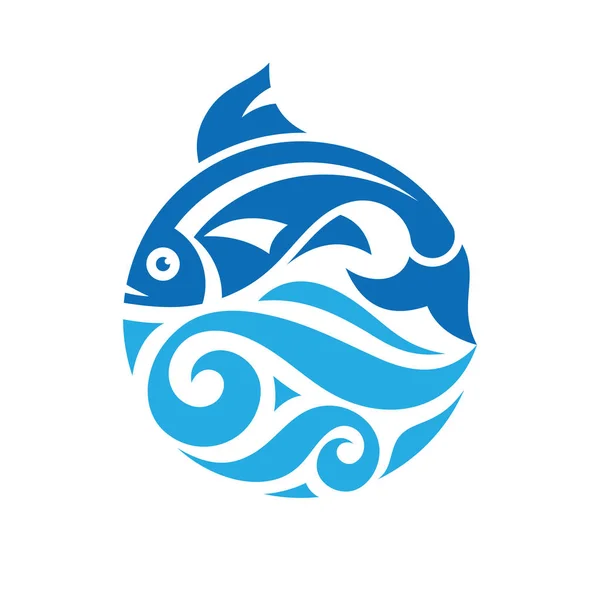 Balık ve deniz dalgaları daire şeklinde - konsept logo vektör çizimi. Somon balığı mavi simge amblemi. Yaratıcı grafik logo işareti. 
