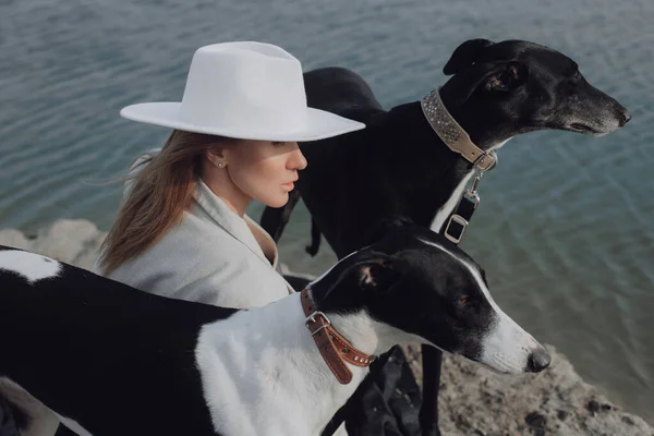 Uma Mulher Passear Com Cães Retrato Mulher Chapéu Branco Com Fotos De Bancos De Imagens Sem Royalties