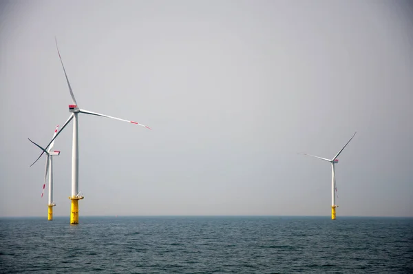 Offshore wind farm with three wind mills in the north sea.