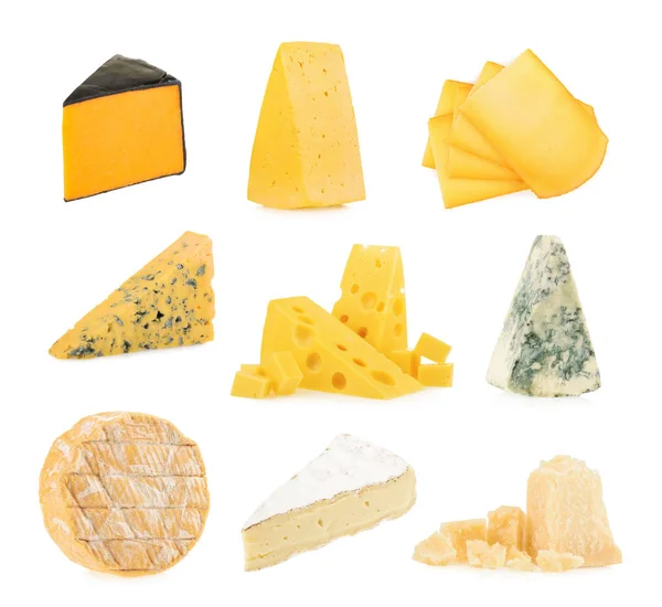 Different kinds of cheeses isolated on white background. — Stock Photo, Image